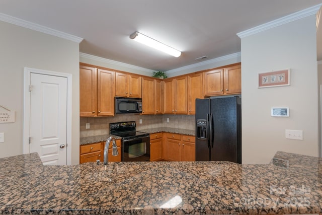 916 Coffee Tree Ln, Rock Hill, SC 29732 - kitchen with black appliances, a sink, backsplash, ornamental molding, and brown cabinetry