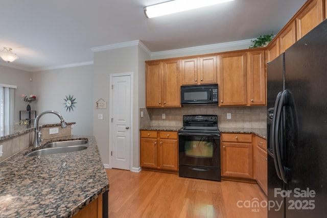 916 Coffee Tree Ln, Rock Hill, SC 29732 - kitchen featuring black appliances, a sink, light wood-type flooring, crown molding, and backsplash