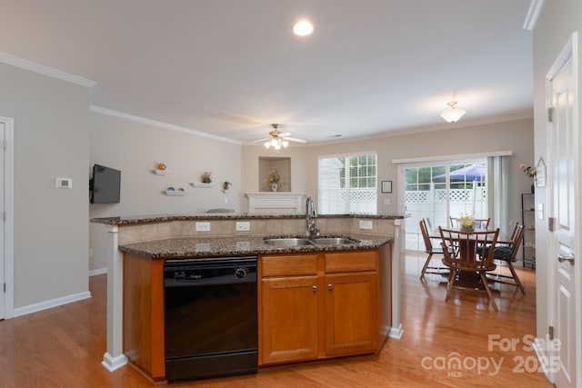 916 Coffee Tree Ln, Rock Hill, SC 29732 - kitchen featuring dishwasher, a sink, dark stone countertops, light wood-type flooring, and a ceiling fan