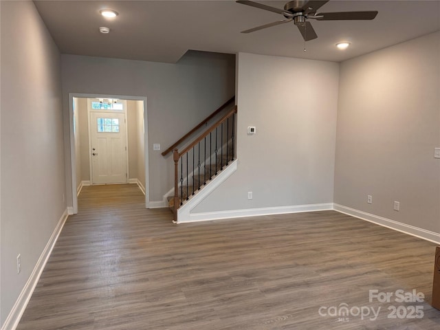 4033 Port Richmond Ave Unit 7, Gastonia, NC 28056 - entryway with a ceiling fan, baseboards, stairs, wood finished floors, and recessed lighting