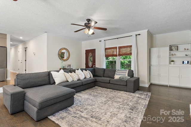 4916 Leepers Creek Rd, Maiden, NC 28650 - living room with a ceiling fan, dark wood finished floors, a textured ceiling, crown molding, and baseboards