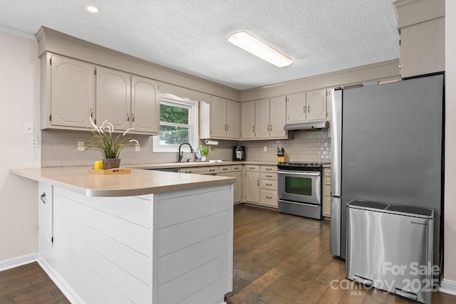 4916 Leepers Creek Rd, Maiden, NC 28650 - kitchen featuring appliances with stainless steel finishes, under cabinet range hood, a peninsula, dark wood-type flooring, and decorative backsplash
