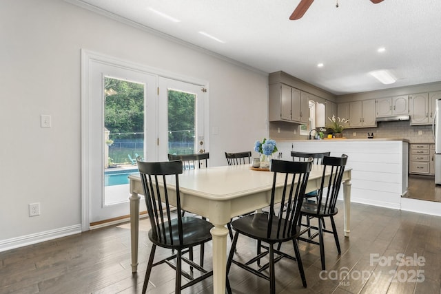 4916 Leepers Creek Rd, Maiden, NC 28650 - dining area with dark wood-style floors, plenty of natural light, a ceiling fan, ornamental molding, and recessed lighting