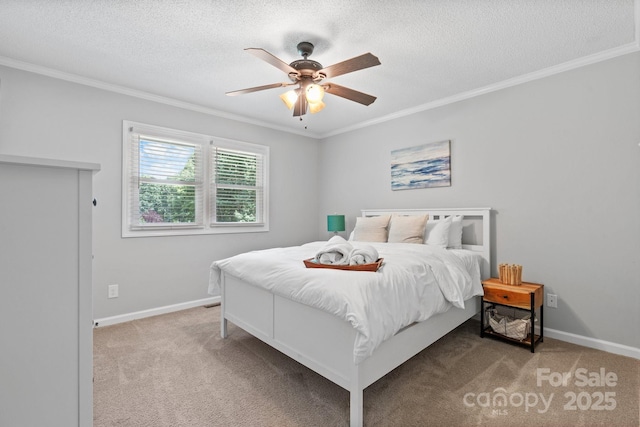 4916 Leepers Creek Rd, Maiden, NC 28650 - carpeted bedroom featuring ornamental molding, a textured ceiling, baseboards, and a ceiling fan