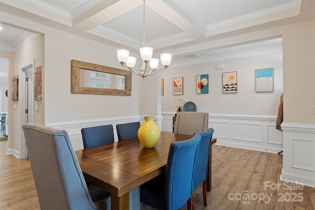 107 Hornbeam Ln, Mooresville, NC 28117 - dining space featuring light wood-type flooring, a chandelier, coffered ceiling, beam ceiling, and ornamental molding