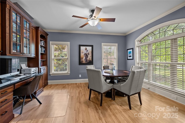9021 Unbridle Ln, Waxhaw, NC 28173 - dining space with light wood-style floors, baseboards, ceiling fan, and ornamental molding