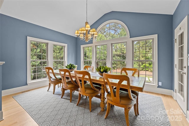 9021 Unbridle Ln, Waxhaw, NC 28173 - dining space with a chandelier, lofted ceiling, light wood finished floors, and baseboards