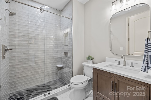 9021 Unbridle Ln, Waxhaw, NC 28173 - full bathroom with vanity, toilet, a stall shower, and marble finish flooring