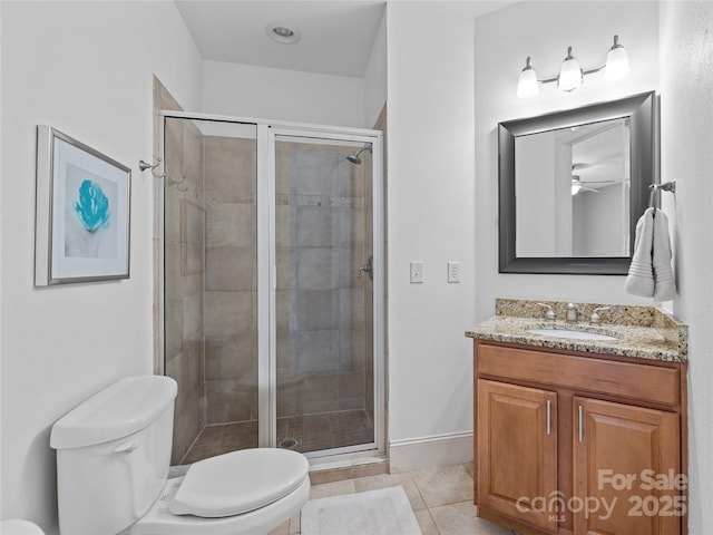 9021 Unbridle Ln, Waxhaw, NC 28173 - bathroom with toilet, a shower stall, a ceiling fan, tile patterned flooring, and vanity