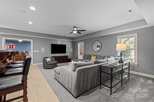 9021 Unbridle Ln, Waxhaw, NC 28173 - tiled living area with a ceiling fan, baseboards, and recessed lighting