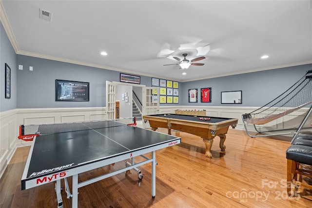 9021 Unbridle Ln, Waxhaw, NC 28173 - rec room featuring wood finished floors, crown molding, pool table, ceiling fan, and recessed lighting