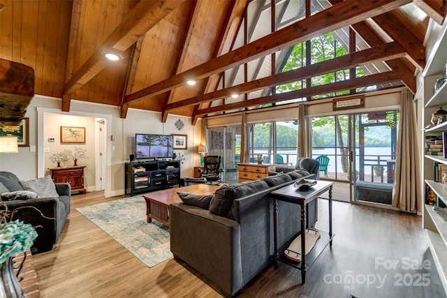 214 Sequoyah Trl, Robbinsville, NC 28771 - living room featuring high vaulted ceiling, beam ceiling, wood finished floors, baseboards, and recessed lighting
