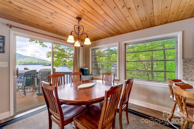 214 Sequoyah Trl, Robbinsville, NC 28771 - dining room featuring wooden ceiling, wood finished floors, a chandelier, and baseboards