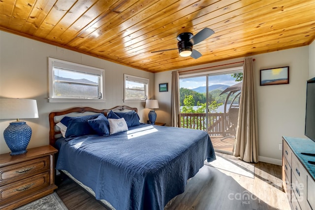 214 Sequoyah Trl, Robbinsville, NC 28771 - bedroom with wood finished floors, access to outside, wooden ceiling, baseboards, and ceiling fan