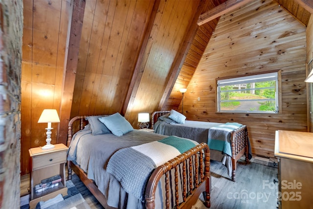 214 Sequoyah Trl, Robbinsville, NC 28771 - bedroom featuring vaulted ceiling, wood finished floors, and wooden walls