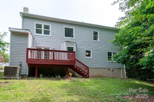 1013 Doby Springs Dr, Charlotte, NC 28262 - rear view of property featuring cooling unit, a yard, a chimney, a deck, and stairway