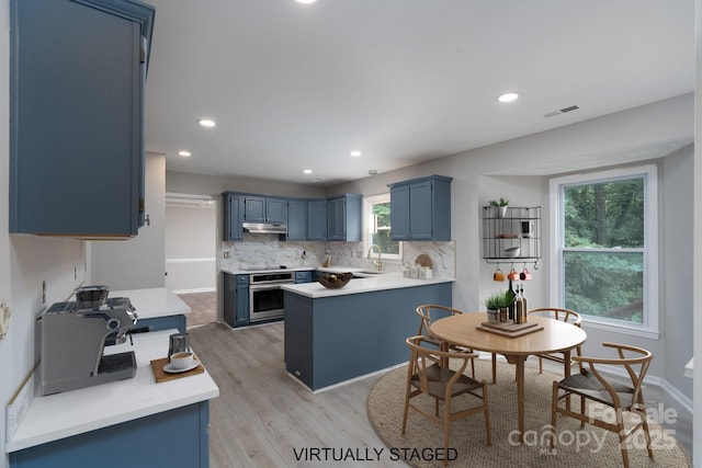 1013 Doby Springs Dr, Charlotte, NC 28262 - kitchen featuring oven, under cabinet range hood, blue cabinetry, a peninsula, and decorative backsplash