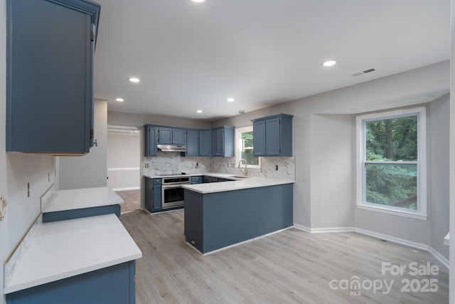 1013 Doby Springs Dr, Charlotte, NC 28262 - kitchen featuring oven, under cabinet range hood, a peninsula, backsplash, and light countertops