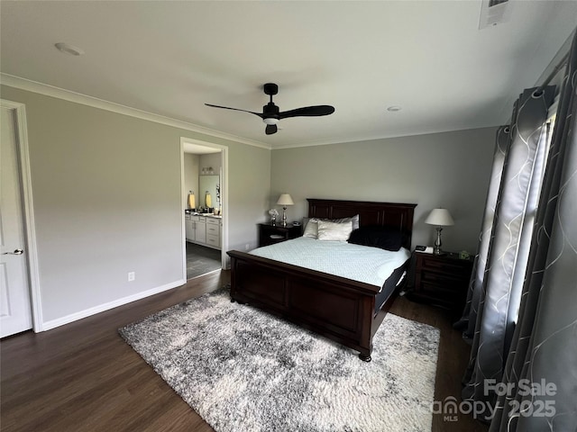 7057 Kingfisher Way, Belmont, NC 28012 - bedroom with dark wood-type flooring, baseboards, crown molding, ensuite bath, and a ceiling fan