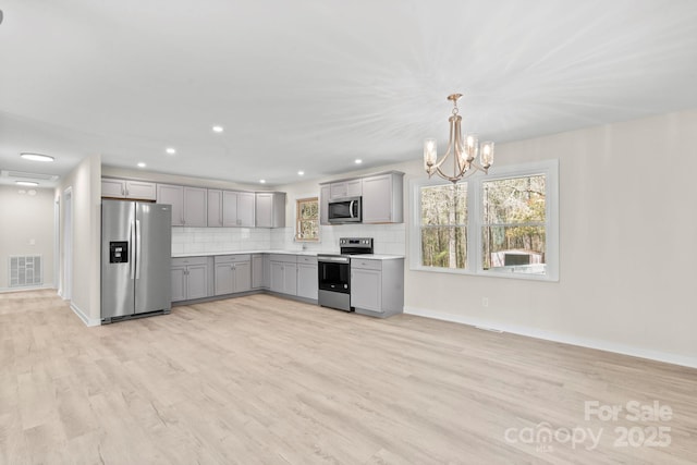 174 Maske Rd, Mount Gilead, NC 27306 - kitchen featuring stainless steel appliances, gray cabinets, tasteful backsplash, light countertops, and light wood-type flooring