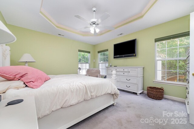 8927 Comstock Ct, Locust, NC 28097 - bedroom with a tray ceiling, light colored carpet, baseboards, crown molding, and ceiling fan