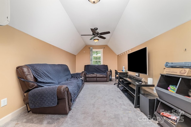 8927 Comstock Ct, Locust, NC 28097 - living room with a wall mounted air conditioner, carpet flooring, ceiling fan, vaulted ceiling, and baseboards