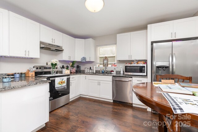 1016 W 10th Ave, Gastonia, NC 28052 - kitchen with stainless steel appliances, under cabinet range hood, white cabinetry, and a sink