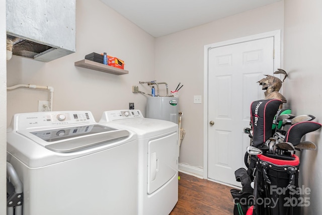 1016 W 10th Ave, Gastonia, NC 28052 - laundry area featuring water heater, washer and dryer, dark wood finished floors, and baseboards