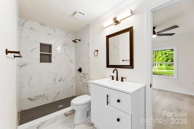 1155 Cedar Grove Ln, Rock Hill, SC 29732 - full bath featuring tiled shower, vanity, toilet, crown molding, and a ceiling fan