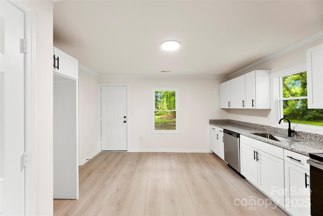 1155 Cedar Grove Ln, Rock Hill, SC 29732 - kitchen with stainless steel dishwasher, light stone countertops, light wood-style floors, plenty of natural light, and crown molding
