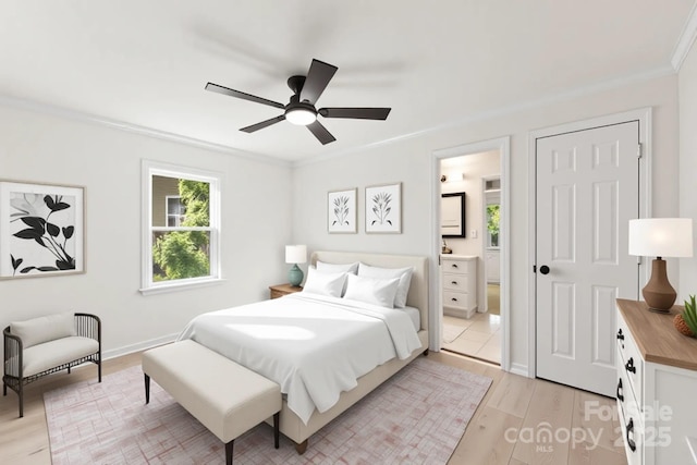 1155 Cedar Grove Ln, Rock Hill, SC 29732 - bedroom featuring multiple windows, crown molding, light wood finished floors, ensuite bath, and ceiling fan