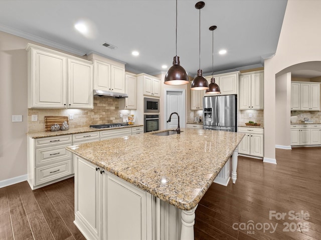 1190 Arges River Dr, Fort Mill, SC 29715 - kitchen with arched walkways, appliances with stainless steel finishes, a sink, under cabinet range hood, and dark wood-style floors