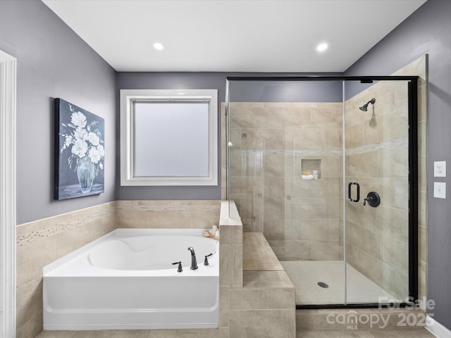 1190 Arges River Dr, Fort Mill, SC 29715 - bathroom with a bath, a shower stall, and recessed lighting