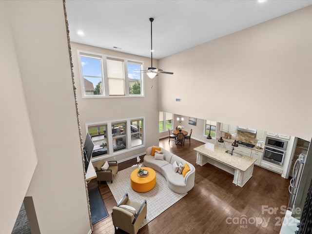 1190 Arges River Dr, Fort Mill, SC 29715 - living area with dark wood-style floors, ceiling fan, and a high ceiling