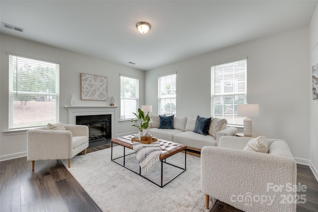 5836 Clan Maclaine Dr, Charlotte, NC 28278 - living area featuring healthy amount of natural light, wood finished floors, baseboards, and a glass covered fireplace