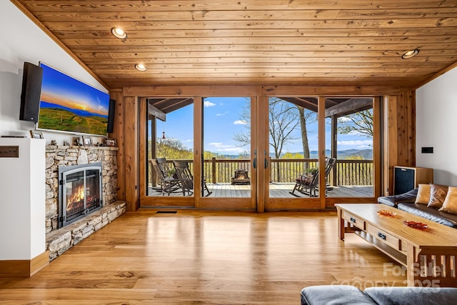 2399 El Miner Dr, Mars Hill, NC 28754 - living area with wooden ceiling, lofted ceiling, a fireplace, wood finished floors, and recessed lighting