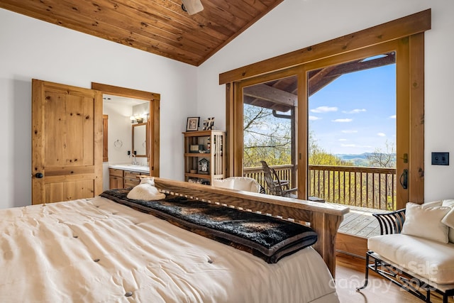 2399 El Miner Dr, Mars Hill, NC 28754 - bedroom with access to exterior, vaulted ceiling, wood ceiling, connected bathroom, and wood finished floors