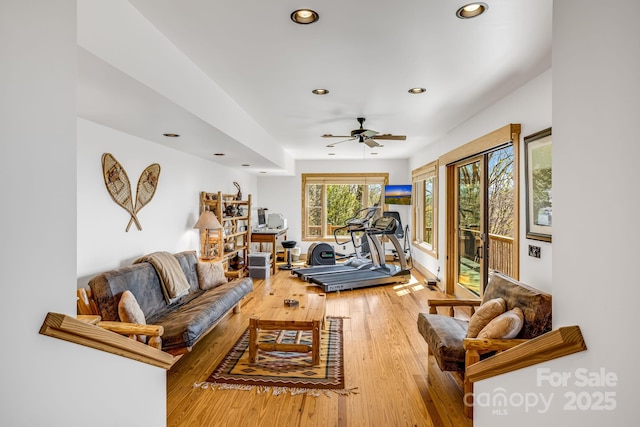 2399 El Miner Dr, Mars Hill, NC 28754 - living area featuring recessed lighting, a ceiling fan, and wood finished floors
