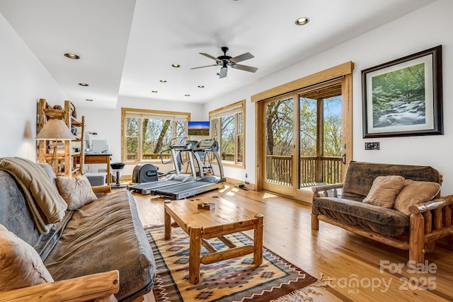 2399 El Miner Dr, Mars Hill, NC 28754 - living room featuring recessed lighting, wood finished floors, and ceiling fan
