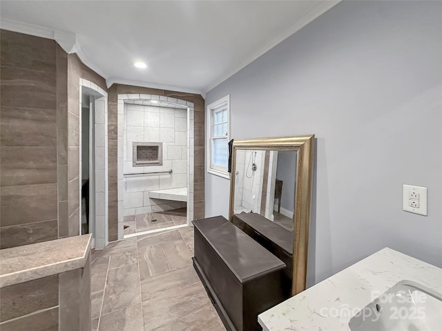 204 N Gaston St, Kings Mountain, NC 28086 - full bathroom with ornamental molding, marble look tile flooring, a walk in shower, and recessed lighting