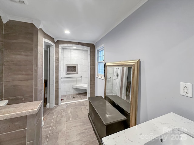 204 N Gaston St, Kings Mountain, NC 28086 - bathroom featuring walk in shower, ornamental molding, marble finish floors, and recessed lighting