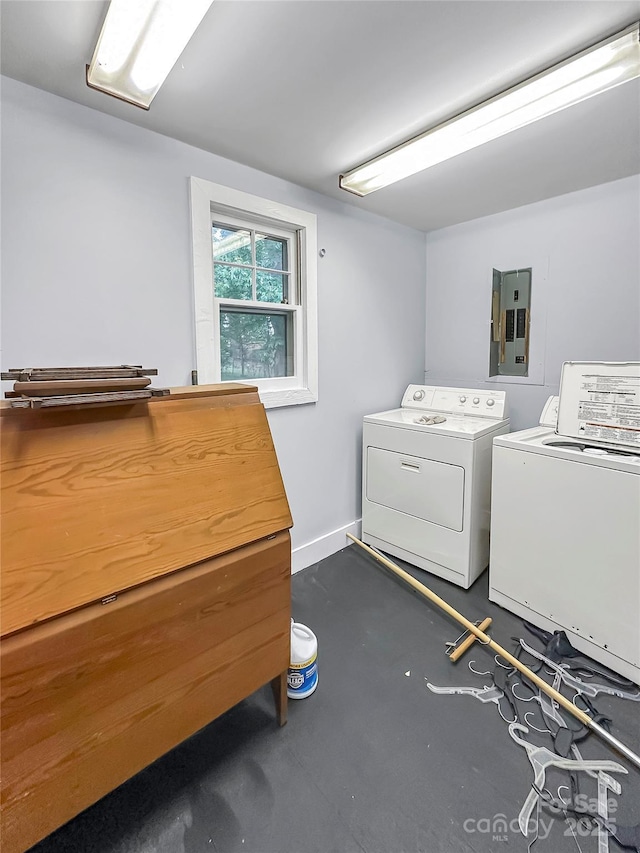 204 N Gaston St, Kings Mountain, NC 28086 - laundry area with electric panel, washing machine and clothes dryer, and baseboards