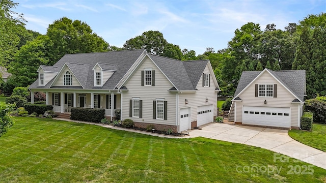 6409 Barkley Farm Rd, Huntersville, NC 28078 - cape cod house with a garage, a porch, a front lawn, concrete driveway, and roof with shingles