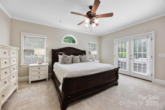 6409 Barkley Farm Rd, Huntersville, NC 28078 - bedroom with french doors, light carpet, access to outside, ornamental molding, and multiple windows