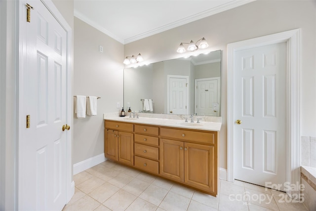 6409 Barkley Farm Rd, Huntersville, NC 28078 - bathroom featuring tile patterned flooring, double vanity, baseboards, and ornamental molding