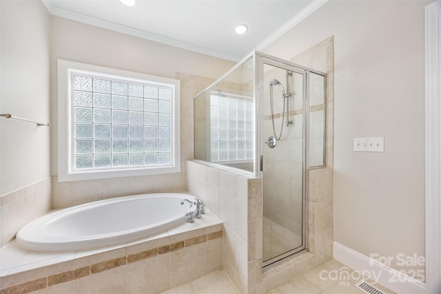 6409 Barkley Farm Rd, Huntersville, NC 28078 - full bathroom featuring a garden tub, a stall shower, tile patterned flooring, crown molding, and recessed lighting