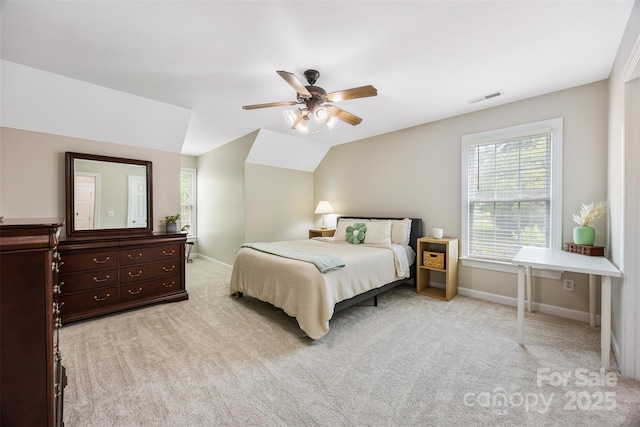 6409 Barkley Farm Rd, Huntersville, NC 28078 - bedroom featuring light colored carpet, multiple windows, baseboards, a ceiling fan, and vaulted ceiling