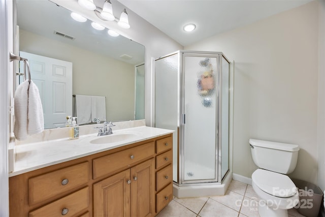 6409 Barkley Farm Rd, Huntersville, NC 28078 - bathroom with vanity, tile patterned floors, a shower stall, and toilet
