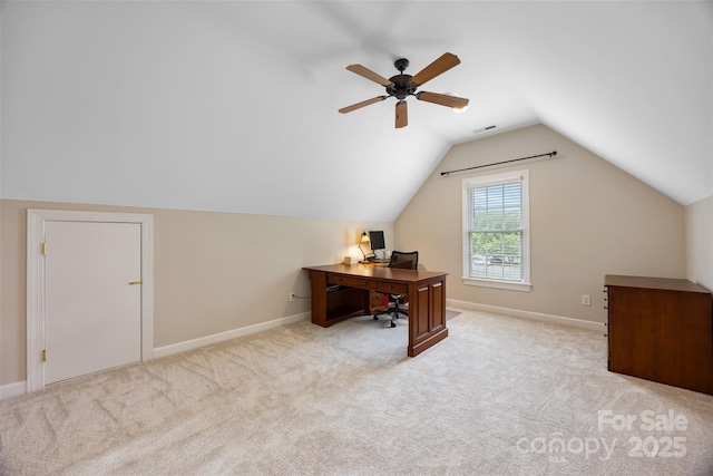 6409 Barkley Farm Rd, Huntersville, NC 28078 - carpeted office featuring vaulted ceiling, baseboards, and a ceiling fan