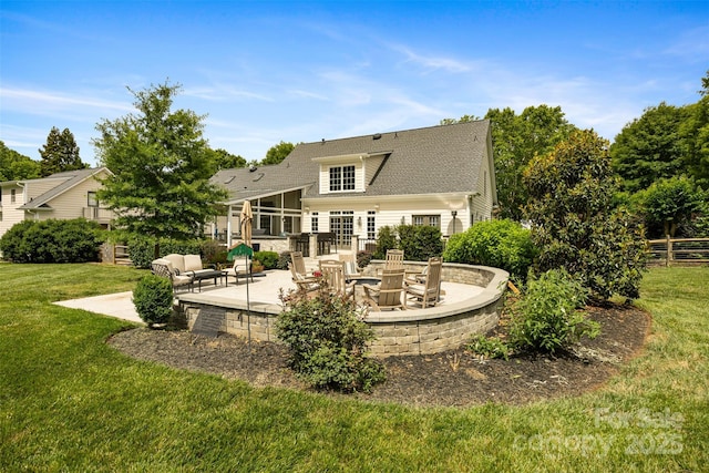 6409 Barkley Farm Rd, Huntersville, NC 28078 - back of property with a patio area, an outdoor living space with a fire pit, and roof with shingles